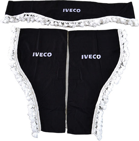 Set Perdele 3 Piese Iveco Negre Cu Logo Cusut Franjuri Albi