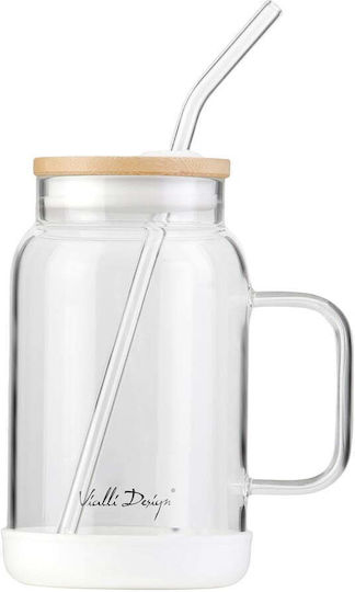 Vialli Design Pahar Pentru Apă Din Sticlă Alb Cu Pai 600ml