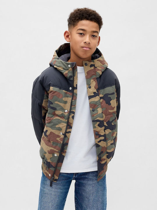 Waterproof Kids Quilted Long Coat with Hood Woodland Camo
