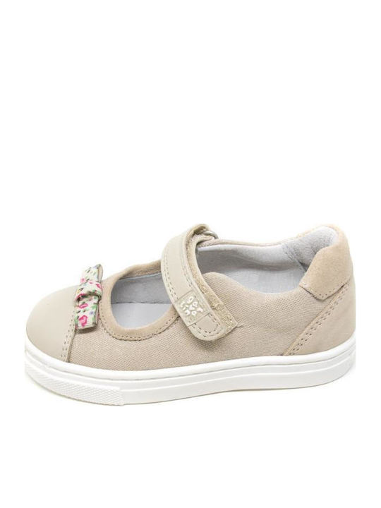 Kids Leather Ballerinas with Hoop & Loop Closure Beige