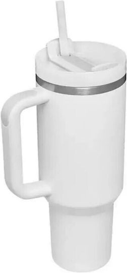 Handled Tumbler Stainless Steel Plastic Thermos 1.2L White with Straw and Handle
