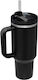 Handled Tumbler Thermos Bottle Stainless Steel Plastic 1.2lt Black With Straw And Handle