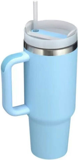 Handled Tumbler Thermos Bottle Stainless Steel Plastic 1.2L Light Blue With Straw And Handle