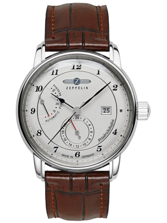 Zeppelin Mens Ανδρικό Ρολόι 43mm Μπαταρίας με Καφέ Δερμάτινο Λουράκι