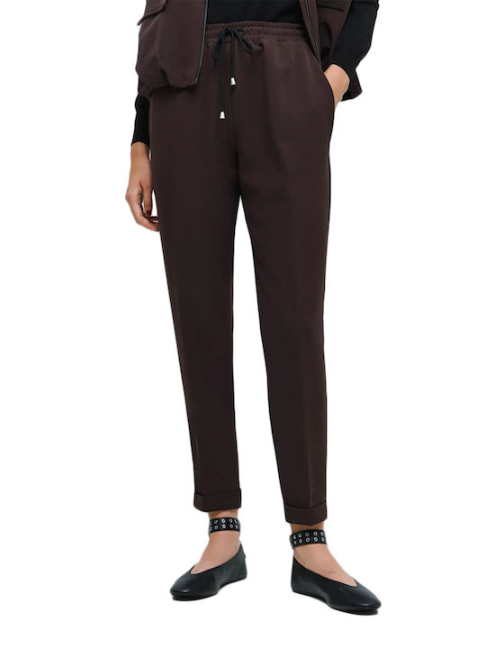 Women's Fabric Trousers with Elastic Brown