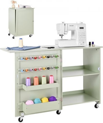 Vevor Folding Sewing Table Multifunctional Sewing Machine Wheels Wooden Pegs Storage Discs Shelf Magnetic Lock Side Surface Constructions Light Green Frzjyxxkzdbhmmz91001v0