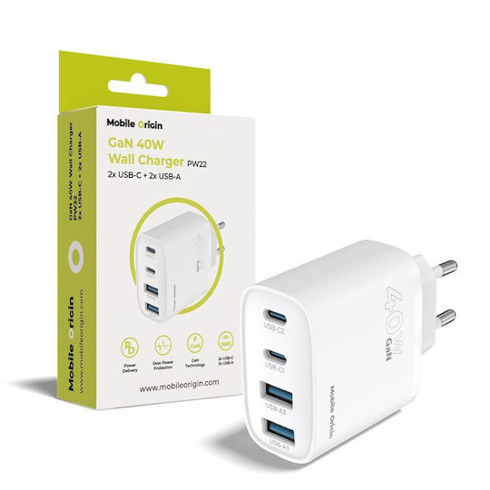 Mobile Origin Charger Without Cable GaN with 2 USB-A Ports and 2 USB-C Ports 40W Power Delivery Whites (MO-40WCH-PW22)