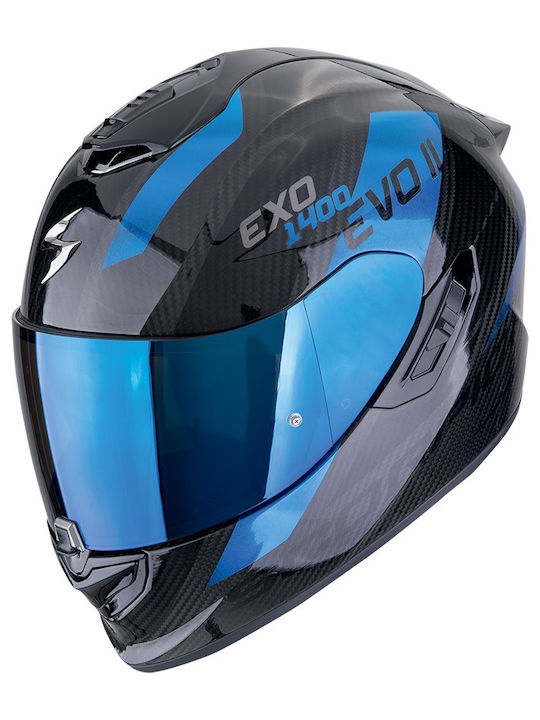 Scorpion Exo 1400 Evo II Air Platted Black / Blue Motorcycle Helmet Full Face ECE 22.06 with Sun Visor