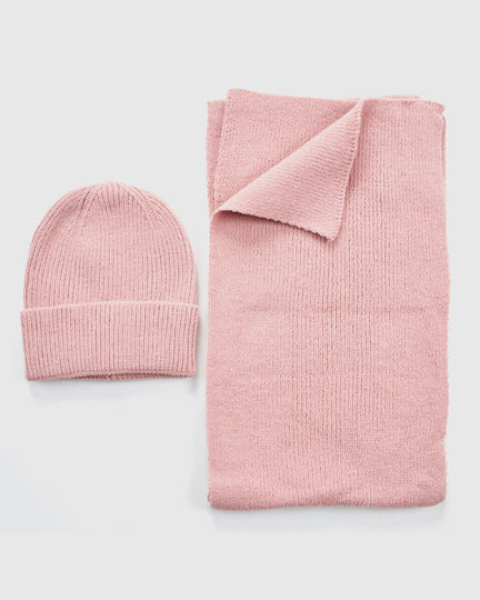 Set with Beanie Knitted in Pink color