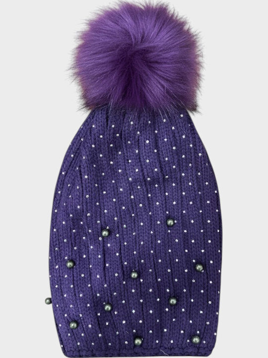 Pom Pom Beanie Beanie Knitted in Purple color