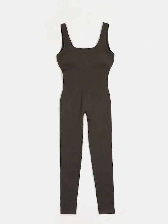 Fitted One-piece Jumpsuit Wide Strap Khaki Size S