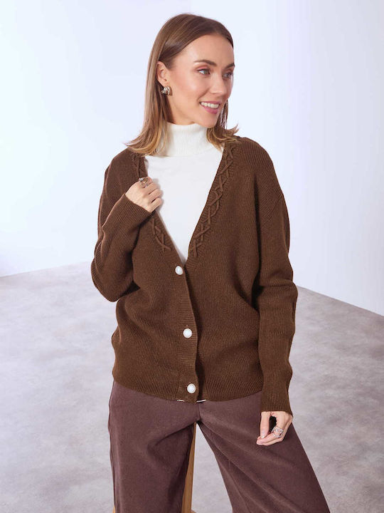 Celestino Women's Cardigan Pearls Buttons Loose Fit Dark Brown