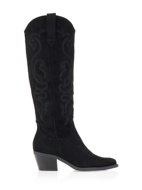 Suede Medium Heel Cowboy Boots with Zipper Black