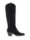 Suede Medium Heel Cowboy Boots with Zipper Black