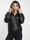 Women's Lifestyle Leather Jacket for Winter with Hood Black
