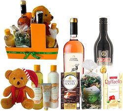Coș Boo Portocaliu 20cm Ursuleț Teddy Vin Rosé Ceptura 750ml Whiskey Angelli Cremă 500ml Flori Uscate Parfumate Ciocolată Raffaello Ciocolată Ferrero Rocher Gel De Duș 250ml Loțiune De Corp 250ml Cremă De Mâini 50ml Vivian Gray
