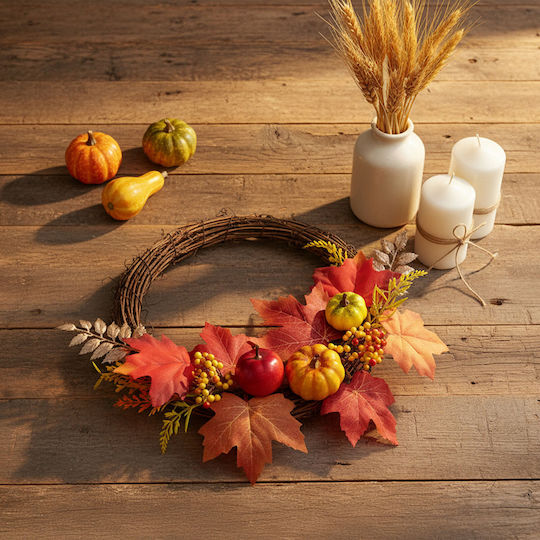 Decorative Autumn Wreath Leaves Berries Cones – Ø35 Cm