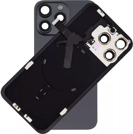 Apple iPhone 15 Pro Max Schwarzes Vollständiges Batteriedeckel – Kameraobjektiv Magneten Wasserdicht Flash Light Original Kabelloses Laden