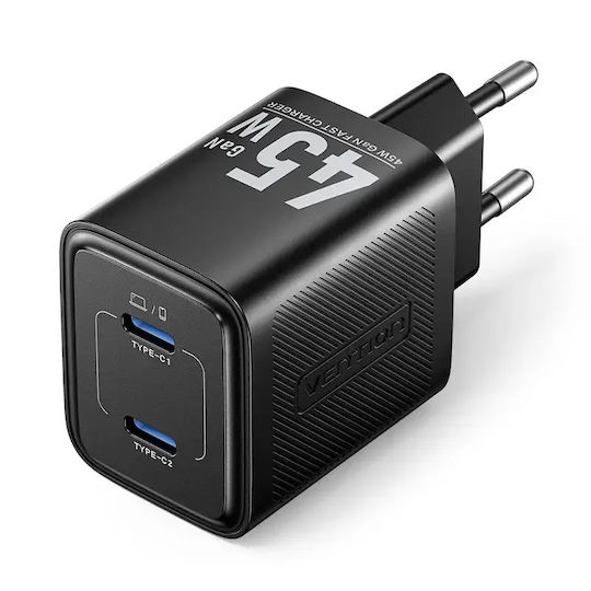 Vention Φορτιστής Χωρίς Καλώδιο GaN με 2 Θύρες USB-C 45W Power Delivery Μαύρος (FEFB0-EU)