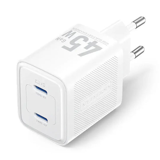 Vention Φορτιστής Χωρίς Καλώδιο GaN με 2 Θύρες USB-C 45W Power Delivery Λευκός (FEFW0-EU)