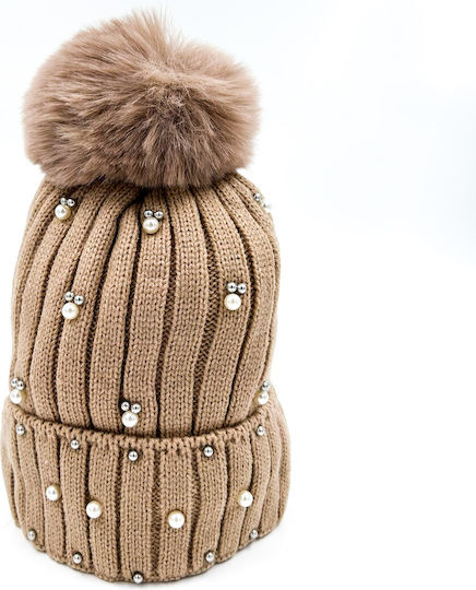 Pom Pom Beanie Women's Fleece Knitted Beanie in Beige Color