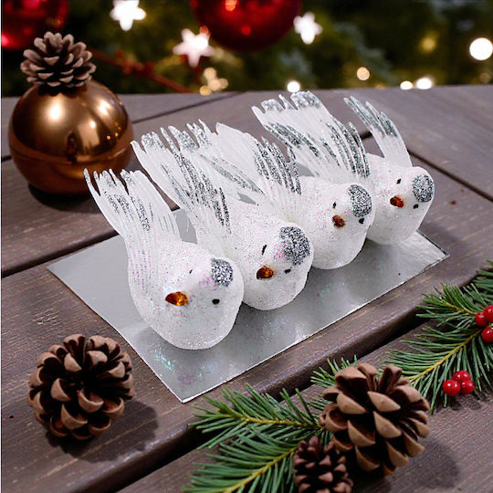Christmas Decorative White-Silver Birds Clips 4 Pieces 1epx3163