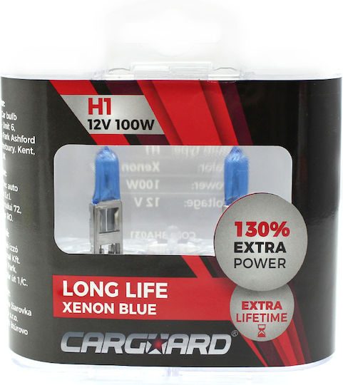 Комплект 2 Халогенни Крушки H1 100W +130% Интензивност Дълъг Живот Carguard