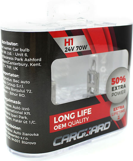 Set 1 Set 2 Halogen Car Lamps 24V H1 70W +50% Intensity Long Life Carguard