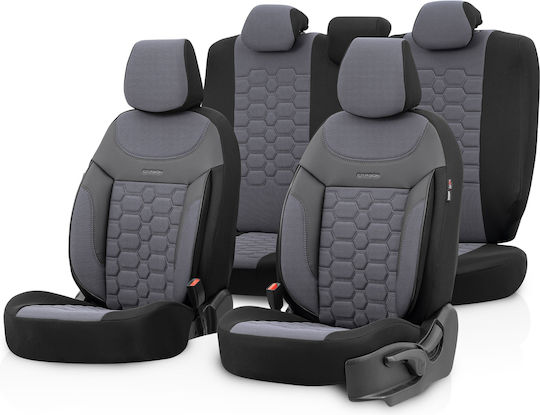 Комплект Калъфи За Автомобилни Седалки Otom Carbon Design Универсални Памучна Тъкан Кожен Предни Задни 11 Броя Сиви