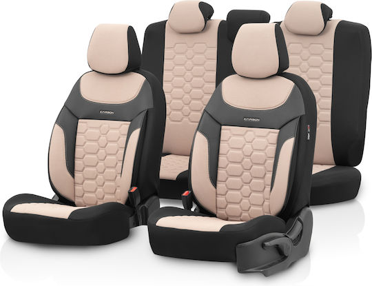 Комплект Калъфи За Автомобилни Седалки Otom Carbon Design Универсален Памучен Плат Кожен Предни Задни 11 Броя Бежови