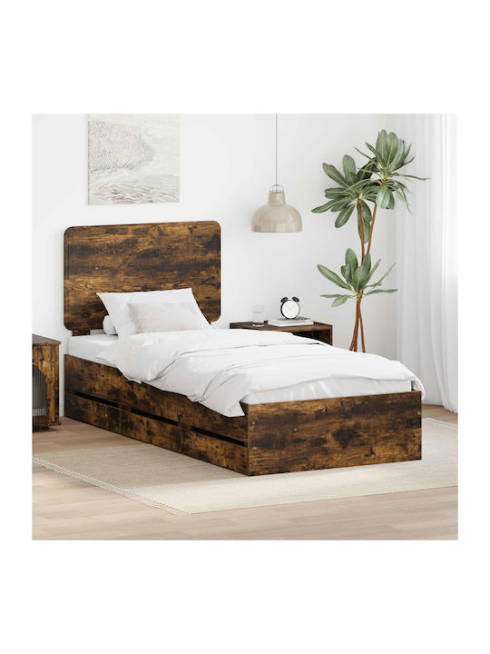 Single Wooden Smoked Oak Bed with Slats for Mat...