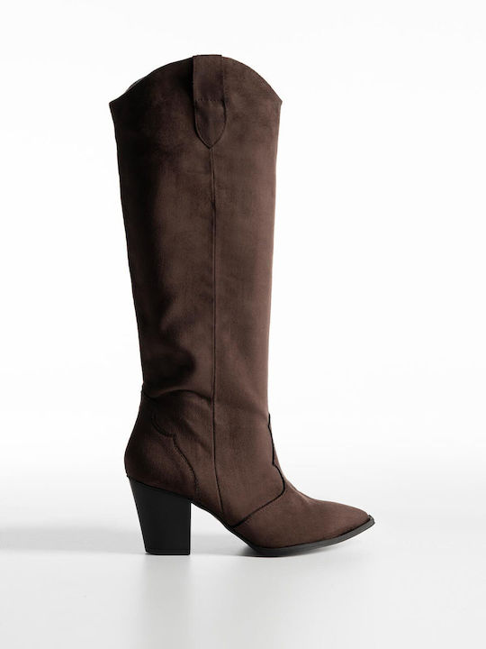 Gin Suede Γυναικείες Μπότες Cowboy με Μεσαίο Τακούνι Καφέ