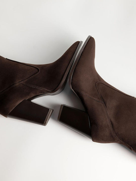 Suede Γυναικείες Μπότες με Ψηλό Τακούνι Καφέ