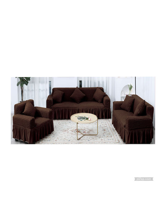 Set of Elastic Sofa Covers Dark Brown 3pcs 244-456