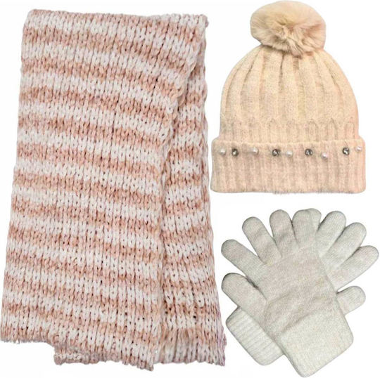 Set with Beanie Knitted in Beige color
