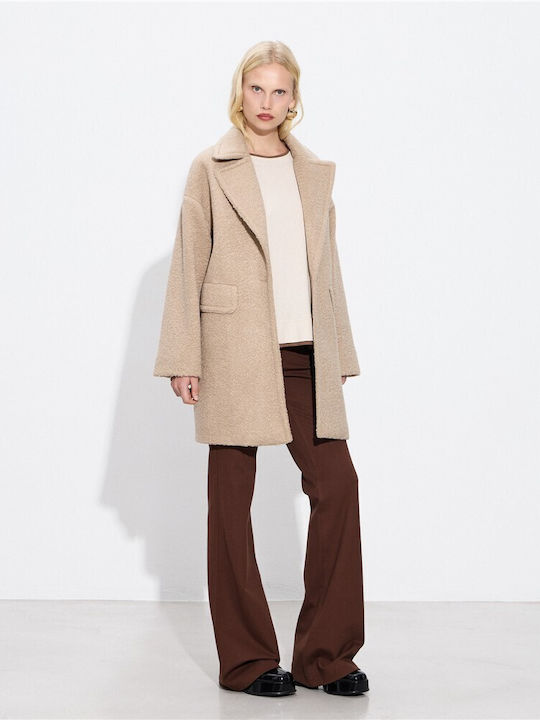 Curly Women's Beige Peacoat with Buttons