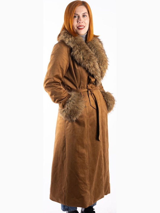 Damen Camel Mantel mit Fellbesatz