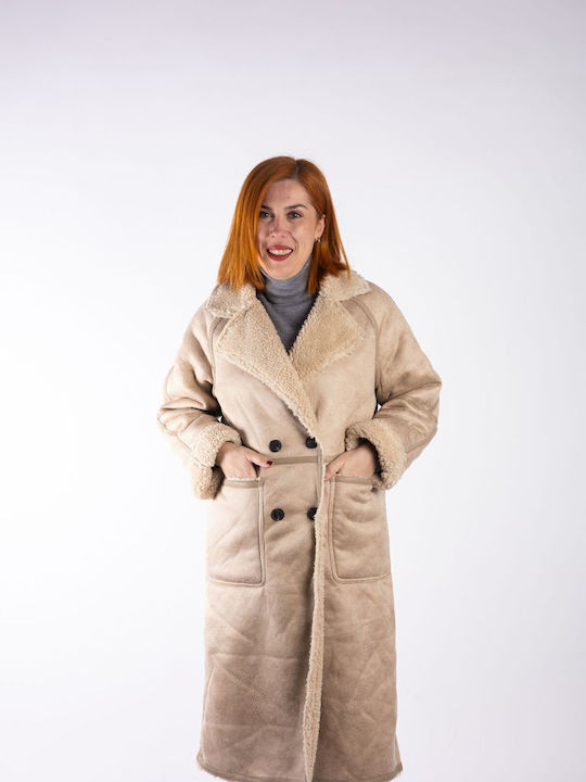 Дамско Beige Палто Teddy с кожени детайли