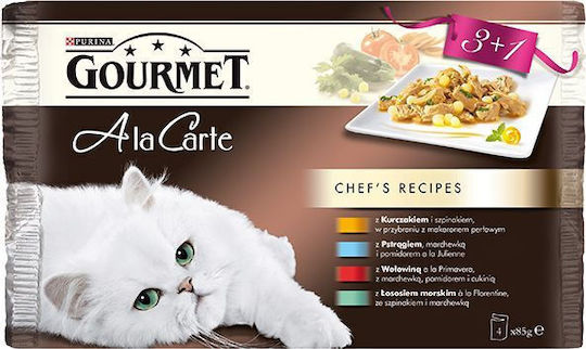 Nassfutter für Erwachsene Katzen in Beutel mit Huhn, Forelle, Rindfleisch, Lachs, Kalb und Fisch 4x85gr