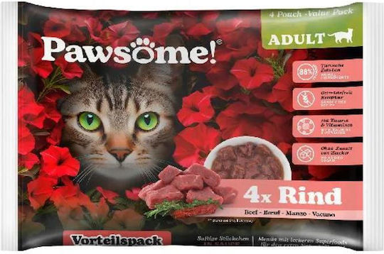 Pawsome Wet Food for Adult Cats in Pouches with Calf, Beef and Meat Grain-Free 4x85gr