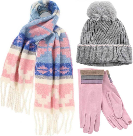 Set with Beanie Knitted in Pink color