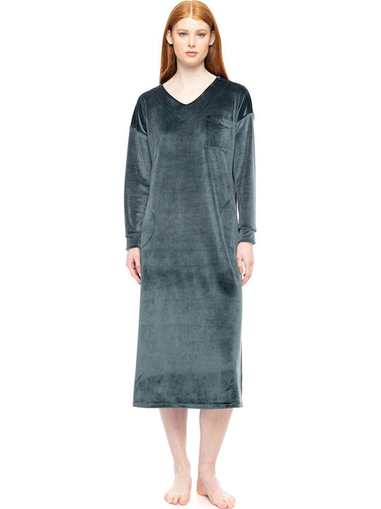 Pink Label Χειμερινό Γυναικείο Νυχτικό Dark Green
