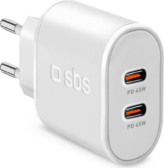 SBS Φορτιστής Χωρίς Καλώδιο GaN με 2 Θύρες USB-C 45W Power Delivery Λευκός (TETR2CPD45W)