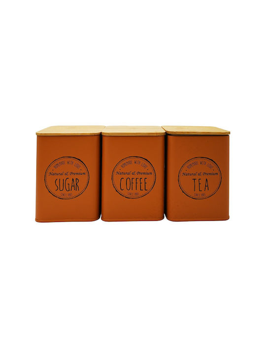 Set of 3 Metallic Jars Coffee – Sugar – Tea 10x10x13 Bamboo Lids Sidirela Orange E-0038-2