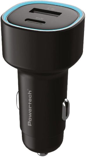 Powertech PT 1539 Φορτιστής Αυτοκινήτου 85W 2.4A Γρήγορης Φόρτισης με Θύρες: 1xUSB 1xType-C Μαύρο Χρώμα
