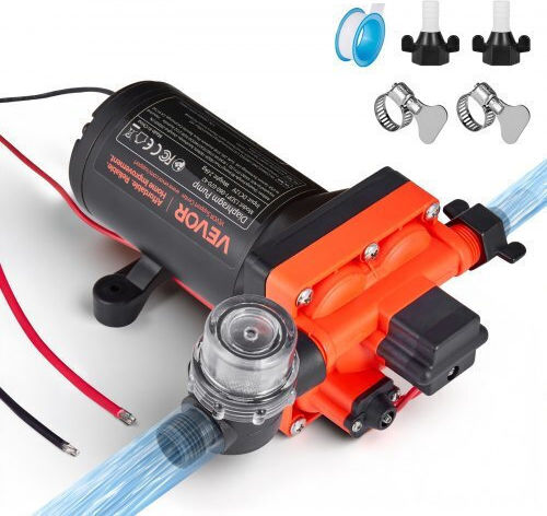 Water Pump Vevor RV 12V DC 6 GPM 22.7 L Min Diaphragm Self-Priming 4-Chamber Automatic Pressure Switch Maximum Pressure 70 PSI Custom RV Caravan Marine Yacht Car Wash