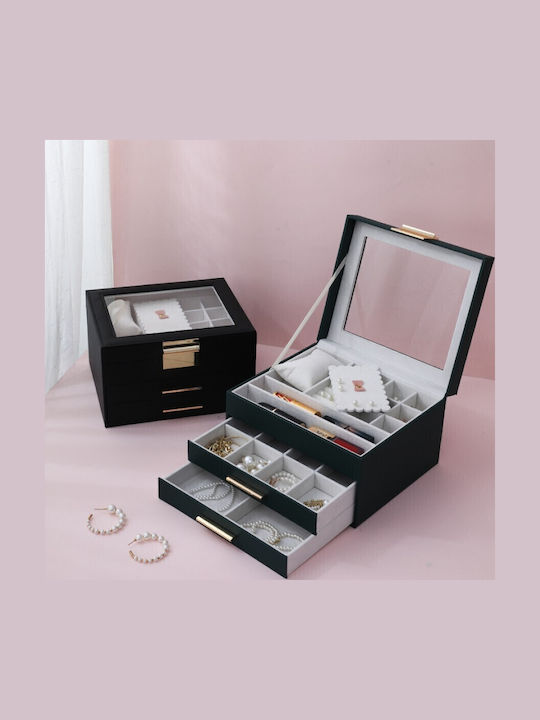 Melina's Collection Κουτί Κοσμημάτων από Δερματίνη Μαύρο 23x20x14cm