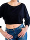 Women's Crop Top Cotton Long Sleeve Black