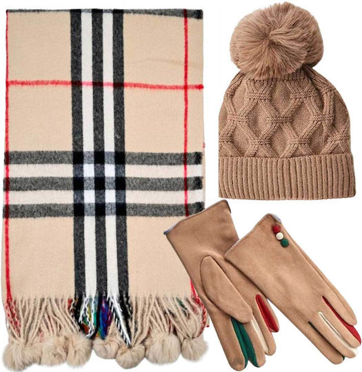 Set with Beanie Knitted in Beige color