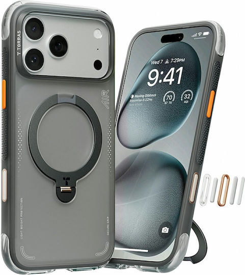 Torras Ostand Spin Umschlag Rückseite Silikon Schwarz (iPhone 17 Pro)